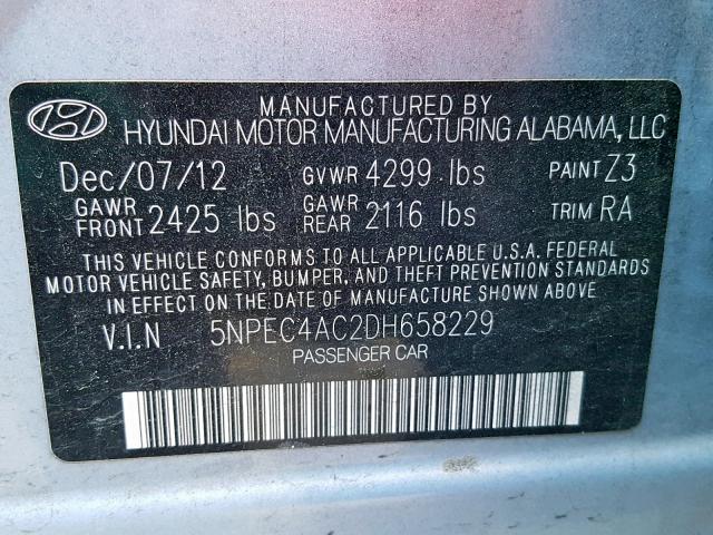 5NPEC4AC2DH658229 - 2013 HYUNDAI SONATA SE BLUE photo 10