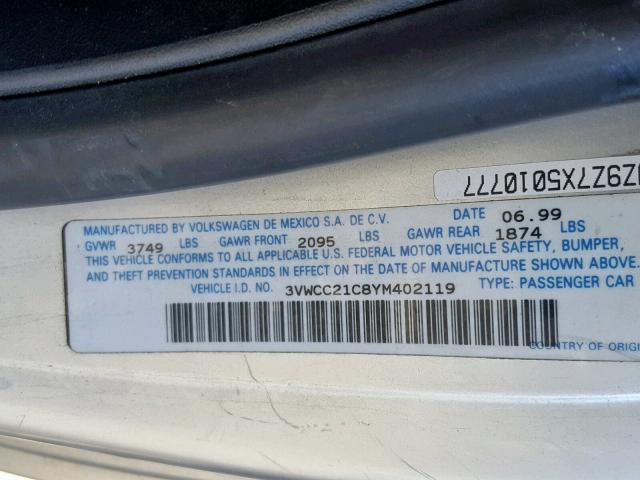 3VWCC21C8YM402119 - 2000 VOLKSWAGEN NEW BEETLE ვერცხლისფერი ფოტო 10