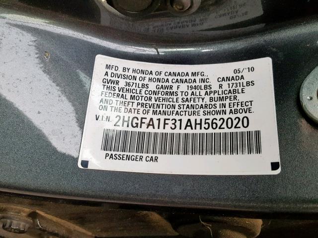 2HGFA1F31AH562020 - 2010 HONDA CIVIC VP GRAY photo 10