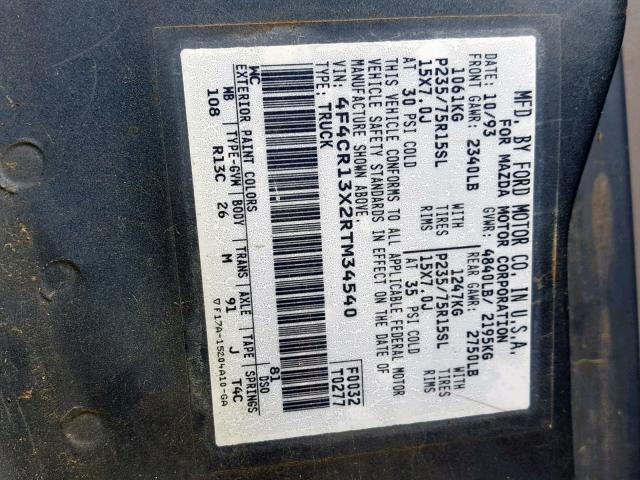 4F4CR13X2RTM34540 - 1994 MAZDA B4000 BLUE photo 10