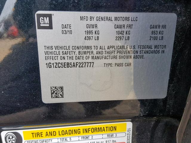 1G1ZC5EB5AF227777 - 2010 CHEVROLET MALIBU 1LT გრაფიტი ფოტო 10