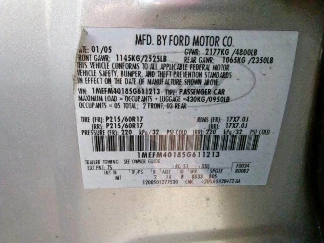 1MEFM40185G611213 - 2005 MERCURY MONTEGO LU SILVER photo 10