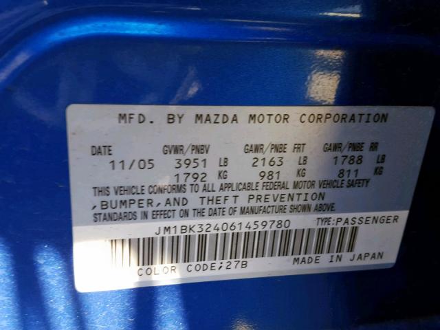 JM1BK324061459780 - 2006 MAZDA 3 S BLUE photo 10