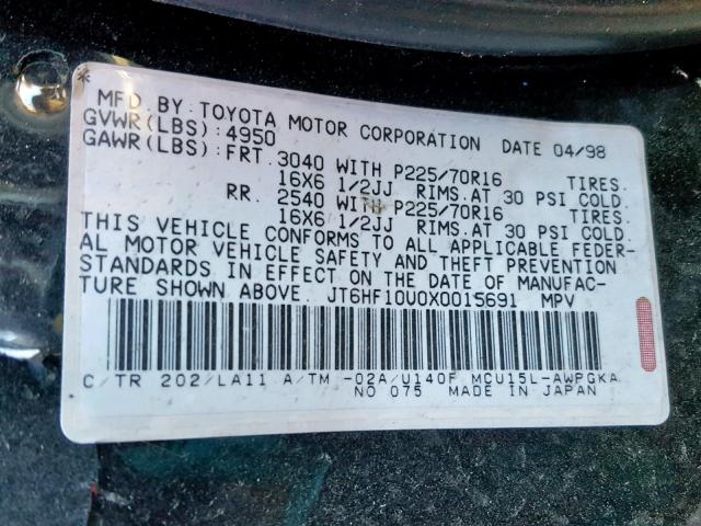 JT6HF10U0X0015691 - 1999 LEXUS RX 300 BLACK photo 10