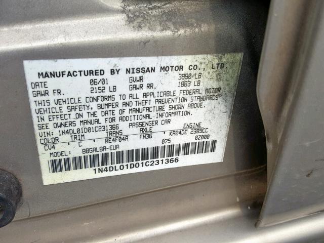 1N4DL01D01C231366 - 2001 NISSAN ALTIMA XE GOLD photo 10