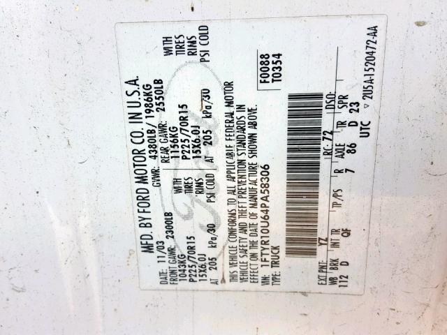 1FTYR10U64PA58306 - 2004 FORD RANGER WHITE photo 10