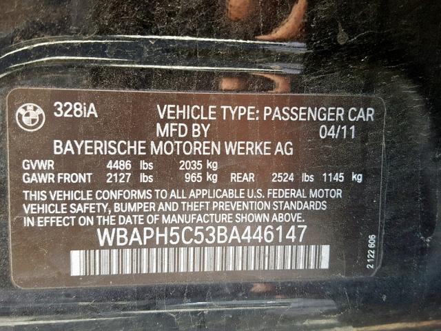 WBAPH5C53BA446147 - 2011 BMW 328 I SULE BLACK photo 10