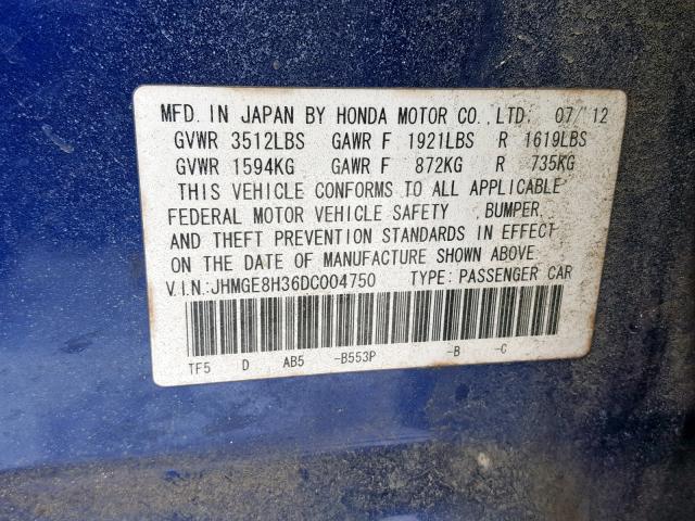 JHMGE8H36DC004750 - 2013 HONDA FIT BLUE photo 10