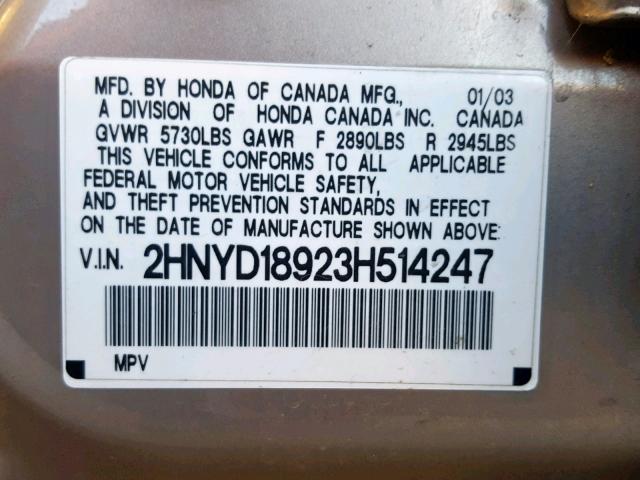 2HNYD18923H514247 - 2003 ACURA MDX TOURIN TAN photo 10