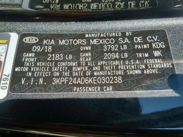 3KPF24AD6KE030238 - 2019 KIA FORTE FE GRAY photo 10