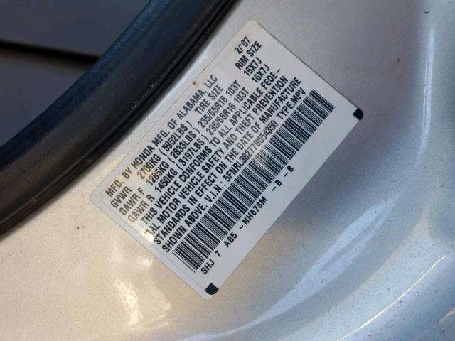 5FNRL38277B054350 - 2007 HONDA ODYSSEY LX SILVER photo 10