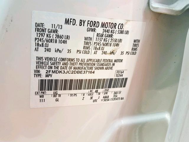 2FMDK3JC2DBE37164 - 2013 FORD EDGE SEL WHITE photo 10