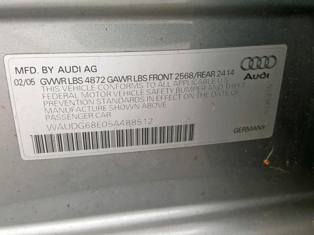 WAUDG68E05A488512 - 2005 AUDI A4 3.2 QUA GRAY photo 10