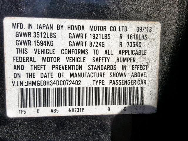 JHMGE8H34DC072402 - 2013 HONDA FIT BLACK photo 10