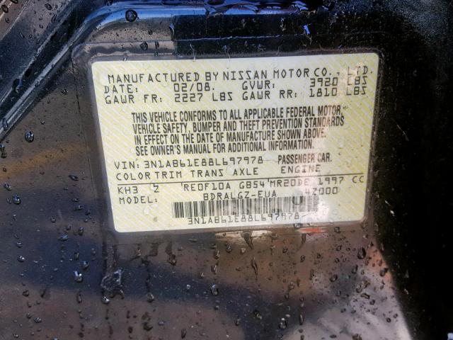 3N1AB61E88L697978 - 2008 NISSAN SENTRA 2.0 BLACK photo 10