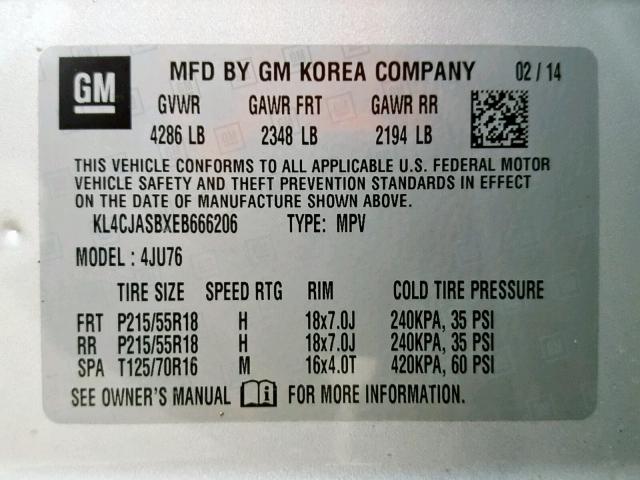 KL4CJASBXEB666206 - 2014 BUICK ENCORE SILVER photo 10