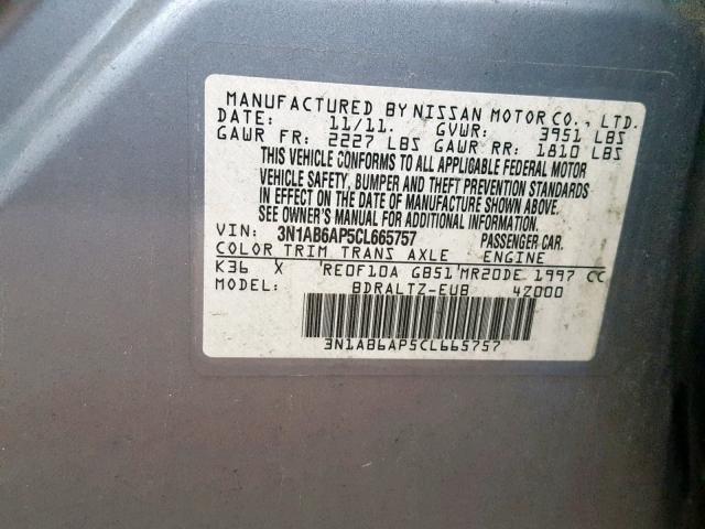 3N1AB6AP5CL665757 - 2012 NISSAN SENTRA 2.0 CHARCOAL photo 10