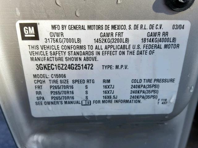 3GKEC16Z24G251472 - 2004 GMC YUKON XL C SILVER photo 10