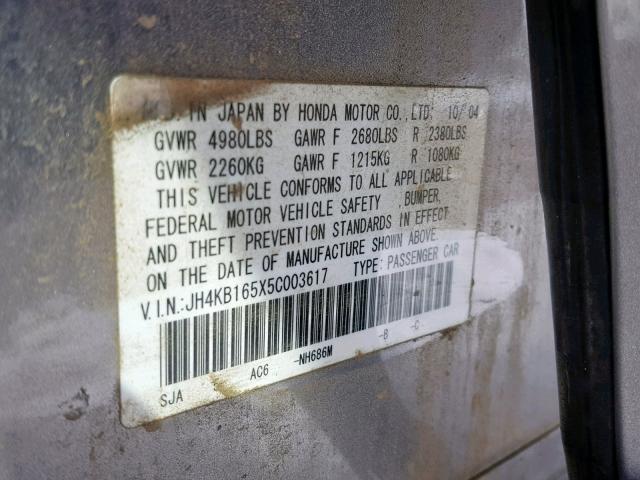 JH4KB165X5C003617 - 2005 ACURA RL GRAY photo 10