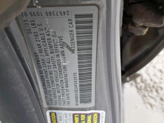 WVWMD63B24P043970 - 2004 VOLKSWAGEN PASSAT GL GRAY photo 10