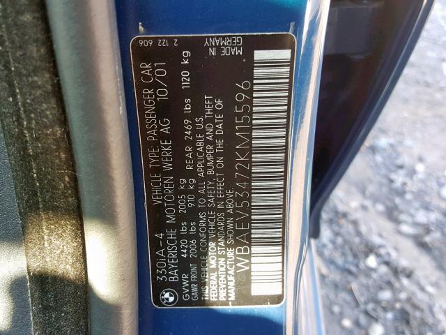 WBAEV53472KM15596 - 2002 BMW 330 I BLUE photo 10