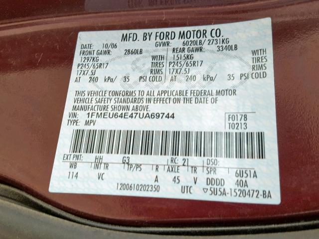 1FMEU64E47UA69744 - 2007 FORD EXPLORER E MAROON photo 10