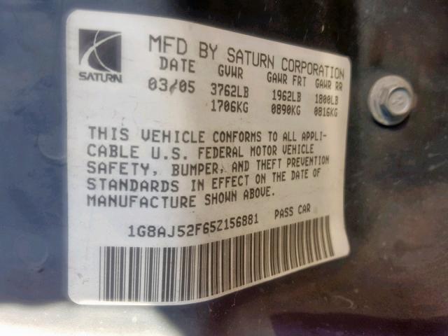 1G8AJ52F65Z156881 - 2005 SATURN ION LEVEL RED photo 10