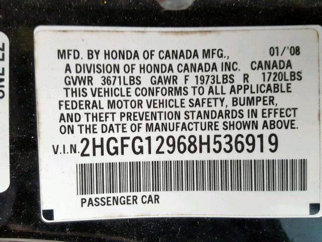 2HGFG12968H536919 - 2008 HONDA CIVIC EXL 黑色 照片 10