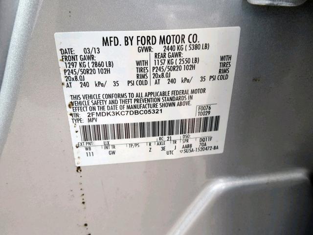 2FMDK3KC7DBC05321 - 2013 FORD EDGE LIMIT SILVER photo 10