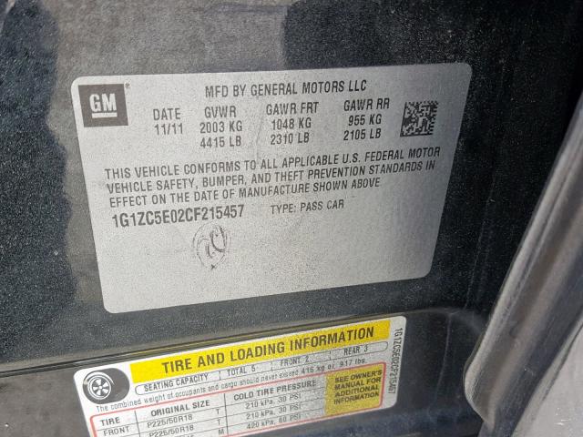 1G1ZC5E02CF215457 - 2012 CHEVROLET MALIBU 1LT BLACK photo 10