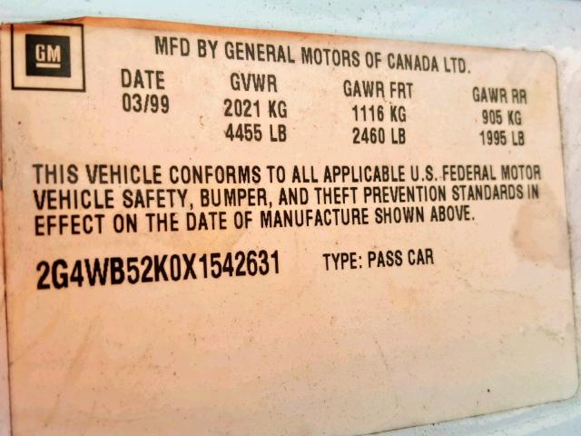 2G4WB52K0X1542631 - 1999 BUICK REGAL LS WHITE photo 10