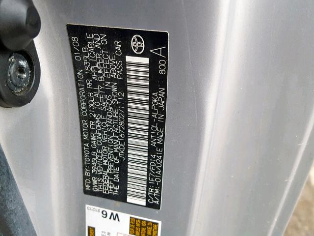 JTKDE167280271112 - 2008 TOYOTA SCION TC ვერცხლისფერი ფოტო 10