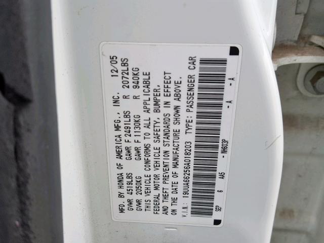 19UUA66256A018203 - 2006 ACURA 3.2TL WHITE photo 10