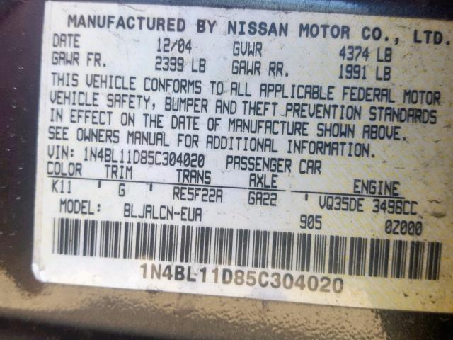 1N4BL11D85C304020 - 2005 NISSAN ALTIMA SE GRAY photo 10