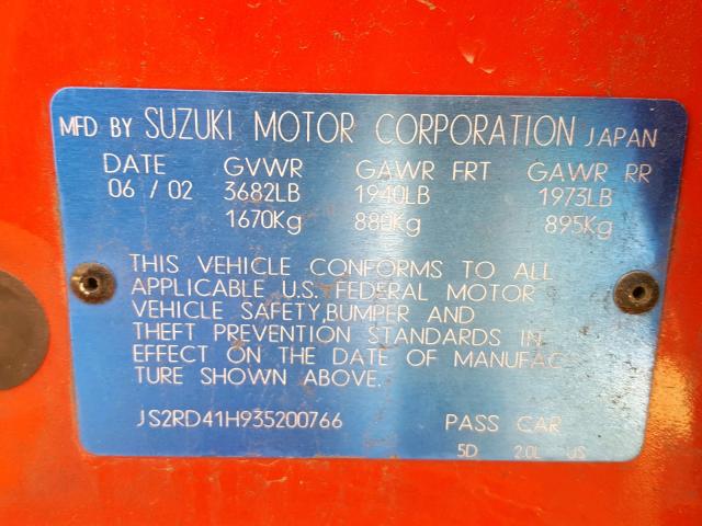 JS2RD41H935200766 - 2003 SUZUKI AERIO SX RED photo 10