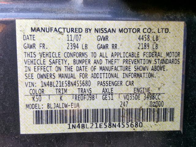 1N4BL21E58N455680 - 2008 NISSAN ALTIMA 3.5 GRAY photo 10