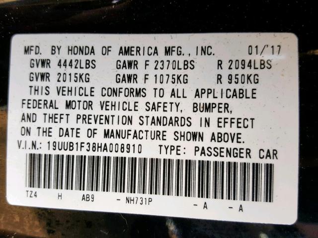 19UUB1F38HA008910 - 2017 ACURA TLX BLACK photo 10