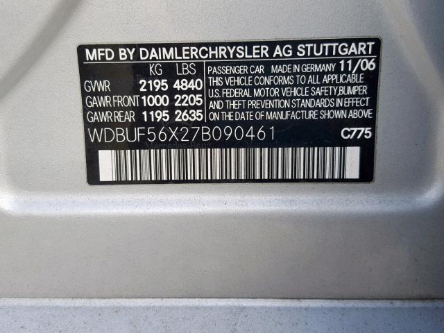 WDBUF56X27B090461 - 2007 MERCEDES-BENZ E 350 SILVER photo 10