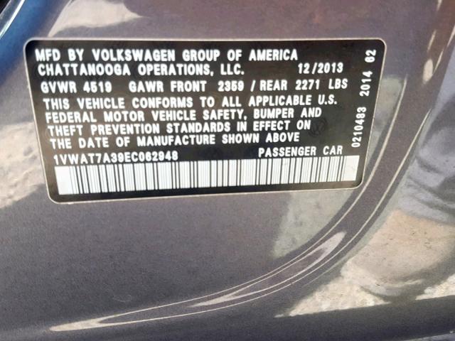 1VWAT7A39EC062948 - 2014 VOLKSWAGEN PASSAT S GRAY photo 10