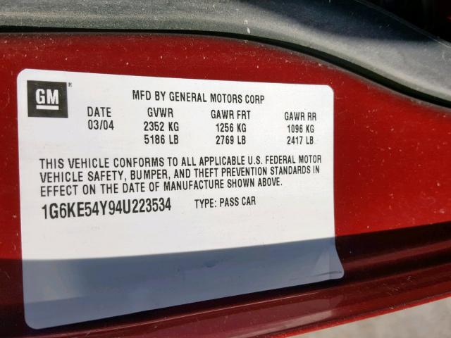 1G6KE54Y94U223534 - 2004 CADILLAC DEVILLE DH RED photo 10