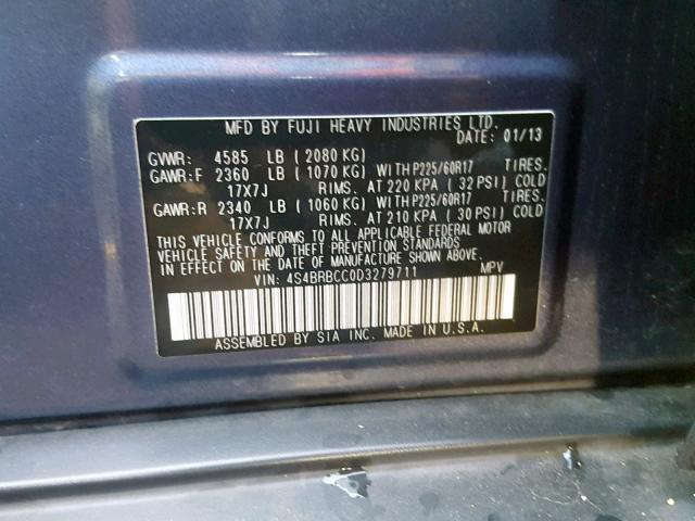 4S4BRBCC0D3279711 - 2013 SUBARU OUTBACK 2. BLUE photo 10