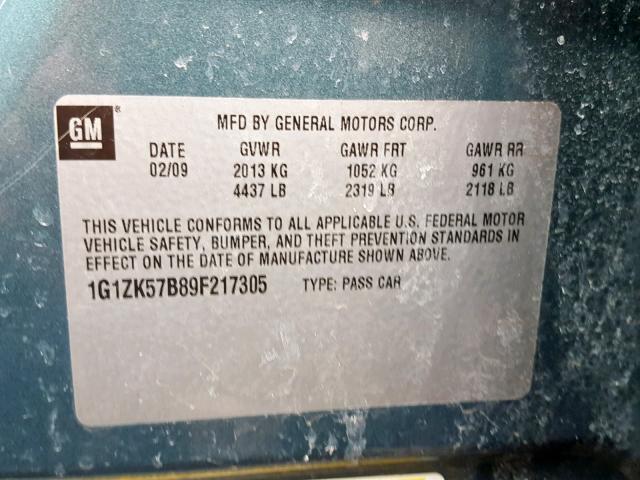 1G1ZK57B89F217305 - 2009 CHEVROLET MALIBU LTZ GREEN photo 10