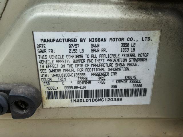 1N4DL01D6WC120389 - 1998 NISSAN ALTIMA XE GOLD photo 10