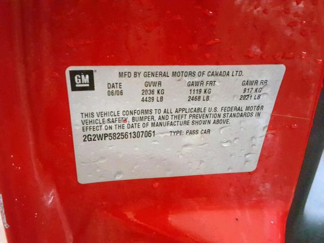 2G2WP582561307061 - 2006 PONTIAC GRAND PRIX RED photo 10