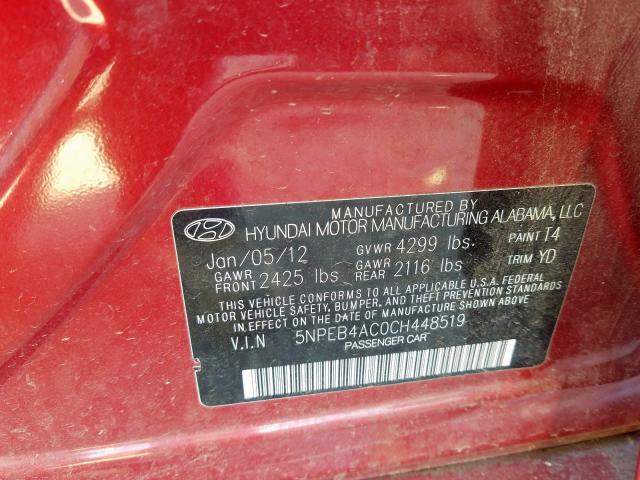 5NPEB4AC0CH448519 - 2012 HYUNDAI SONATA GLS  photo 10