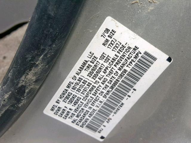 5FNRL38988B108298 - 2008 HONDA ODYSSEY TO SILVER photo 10