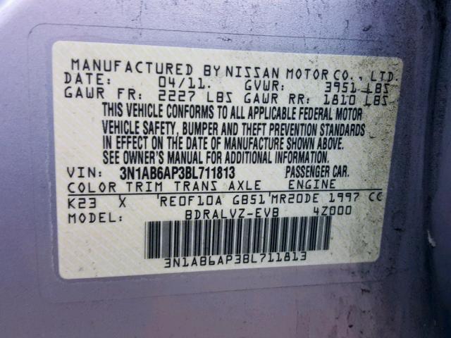 3N1AB6AP3BL711813 - 2011 NISSAN SENTRA 2.0 SILVER photo 10