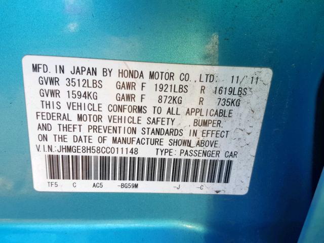 JHMGE8H58CC011148 - 2012 HONDA FIT SPORT BLUE photo 10