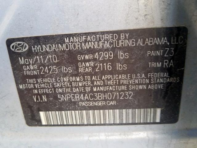 5NPEB4AC3BH071232 - 2011 HYUNDAI SONATA GLS  photo 10