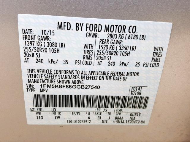 1FM5K8F86GGB27540 - 2016 FORD EXPLORER L SILVER photo 10